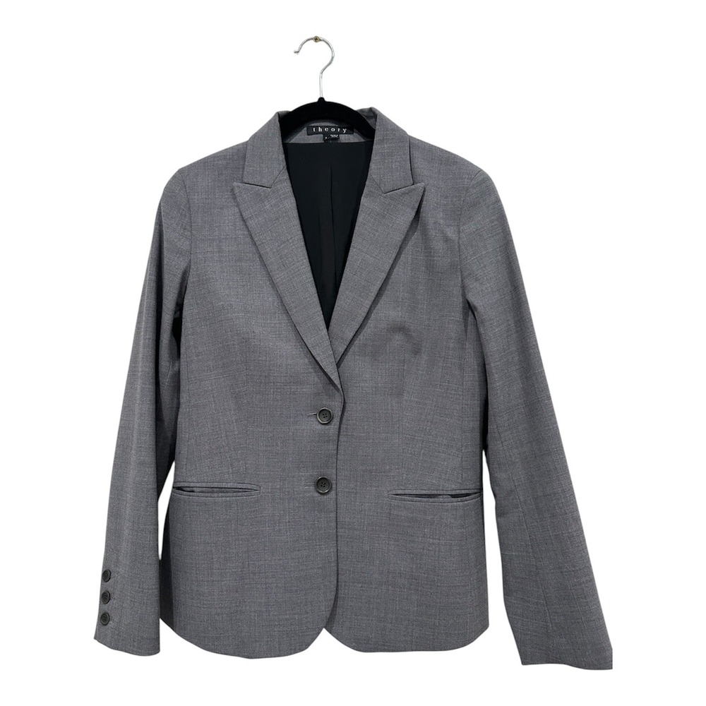 Theory Womens Grey Wool Blend Two‎ Button Tailored Blazer Jacket Size 8